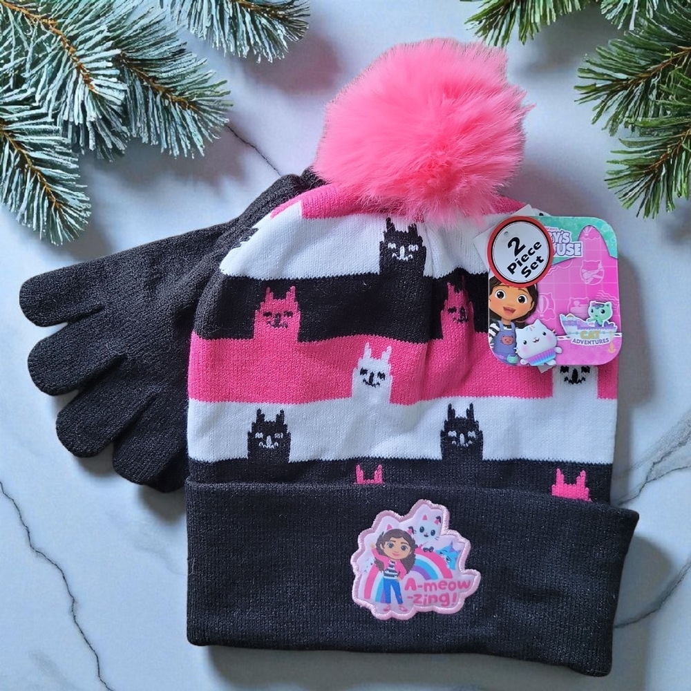 NWT Kids' Pink Black Cat Kitty Pom Pom Knit Beanie Hat Cap Gloves 2 Pc Netflix